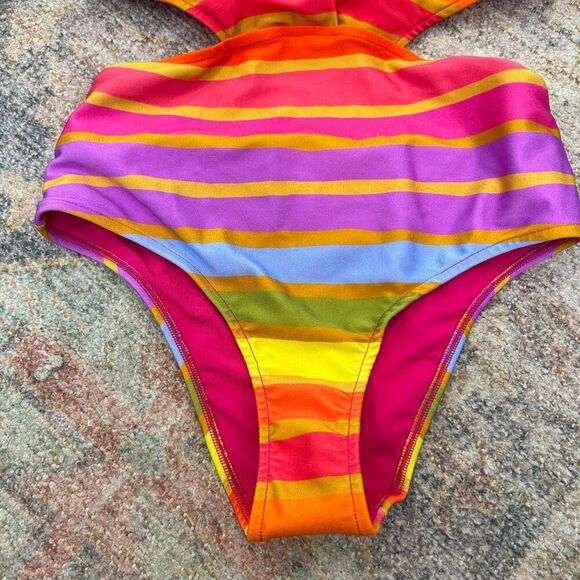 NWT Farm Rio V-Neck Cutout Shiny Stripe Rainbow One-Piece Swimsuit Small Pink - Picture 7 of 9